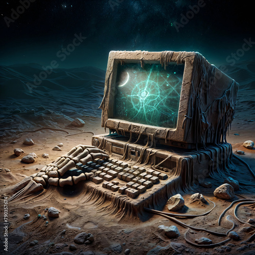 old computer with a glowing screen, lost in the desert