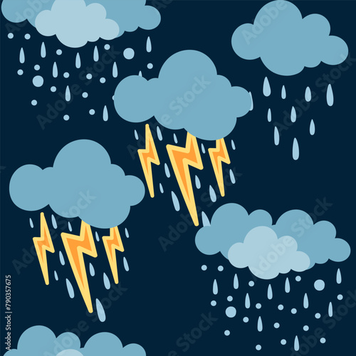 Seamless pattern of rain and snowy clouds with thunder vector illustration on dark background