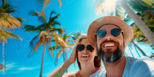 A young couple in summer in sunglasses smile and pose for a photo on the beach under the palm trees.