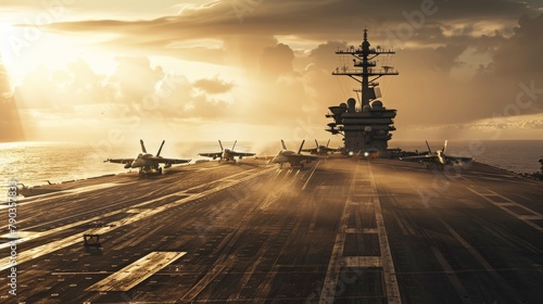 A large Navy ship is docked at a port with several fighter jets on the runway