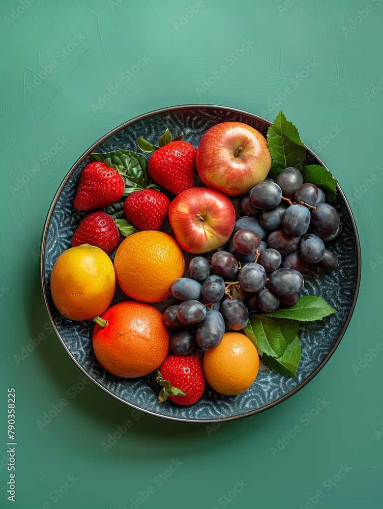 fruits in a deep plate on a green background. fruits in a deep plate on a green background.