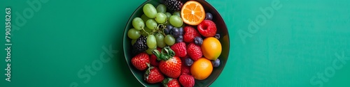 fruits in a deep plate on a green background.