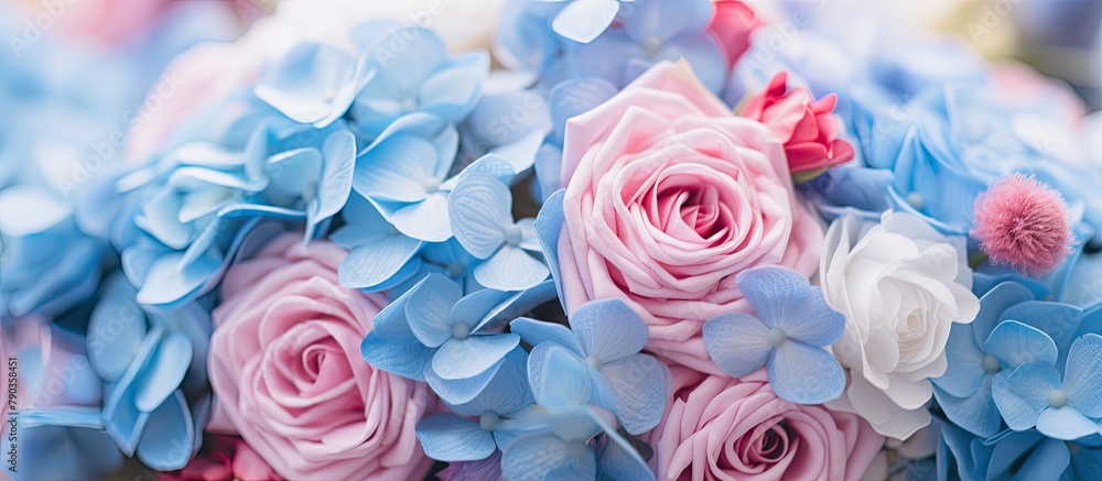 Closeup of a bouquet featuring pink and blue hybrid tea roses Closeup of a bouquet featuring pink and blue hybrid tea roses