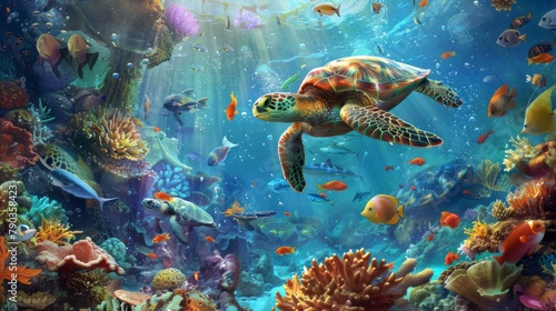 Marine life  A diverse array of marine creatures  from colorful fish to graceful sea turtles  inhabit the vibrant underwater world of the ocean.