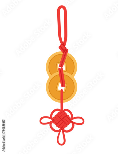Chinese asian tradition luck knot with golden coins vector illustration isolated on white background