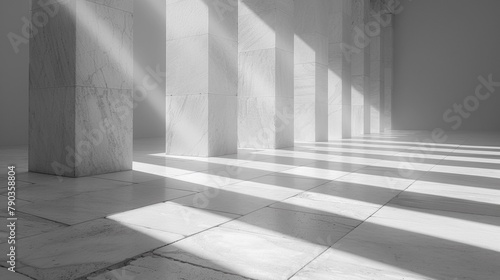 A white marble floor with sunlight shining through the pillars, AI