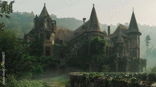 A sprawling country estate shrouded in the mist of early morning, its ivy-covered walls and turrets rising majestically from the rolling hills. 