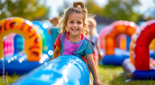 Little girl playing with blue ball in play area with inflatable bouncy rings. photo