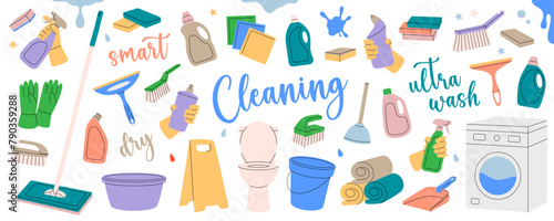 Set of cleaning tools. Toilet bowl, floor mop, bucket, plunger, scoop, sponges, washcloths, brushes, cleaners, towels. Housekeeping service equipment.