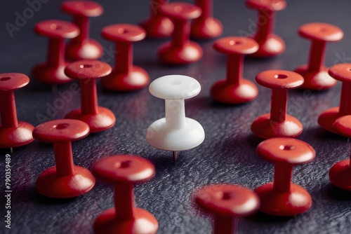 White push pin surrounded by red pins, symbolizing discrimination