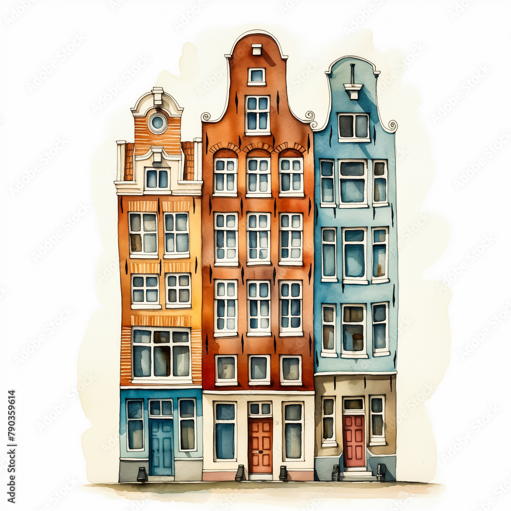 Minimal watercolour of Amsterdam, facades front view, tranquil surfaces, watercolor card