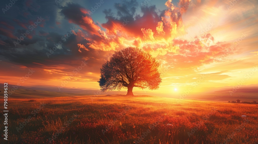 Nature background concept: Alone tree on meadow sunset. Stock Photo ...