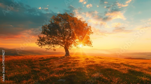 Nature background concept: Alone tree on meadow sunset.