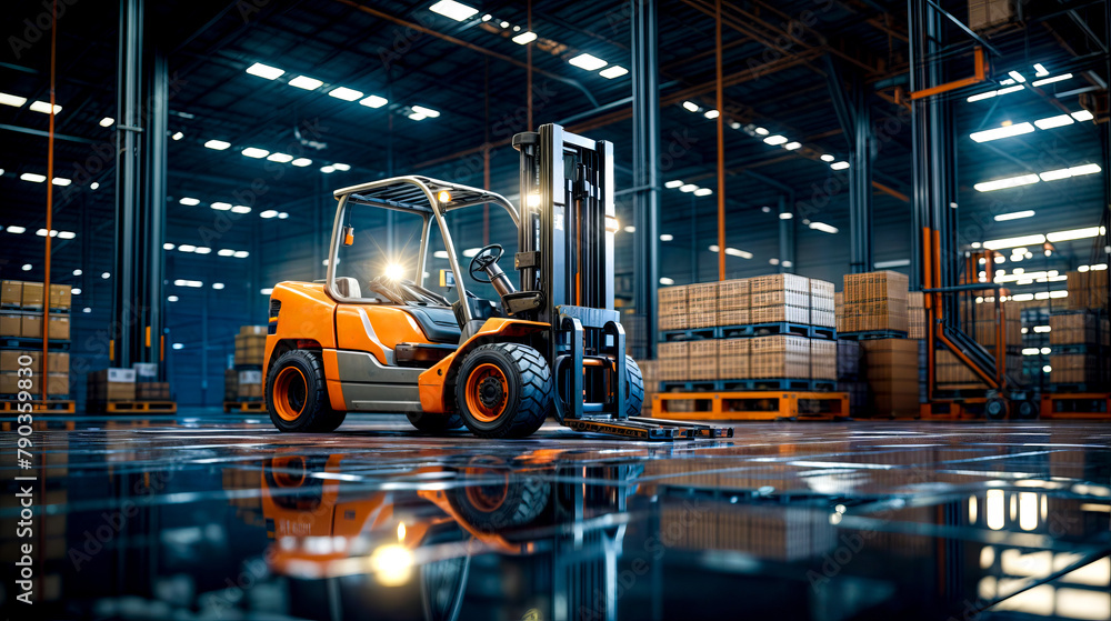 Forklift parked inside of warehouse with pallets on the floor.