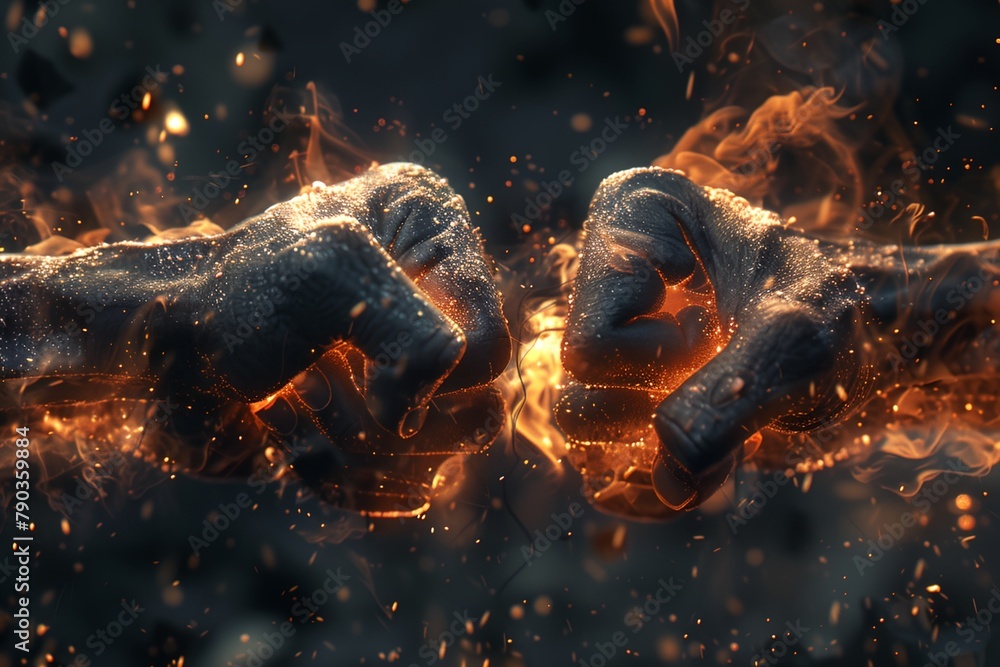 Naklejka premium Two fists covered flames, conflict and fight allegory