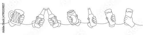 Hands with beer bottles, glass, mugs one line continuous drawing. Beer pub products continuous one line illustration. Vector linear illustration.
