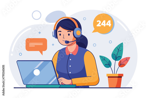 Customer service hotline operator consulting with customer while using laptop, Customer service, hotline operators consult customers with headsets on computers, flat illustration