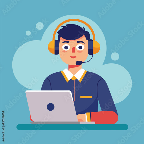 A man wearing headphones is focused on using a laptop, Customer service, hotline operators consult customers with headsets on computers, flat illustration