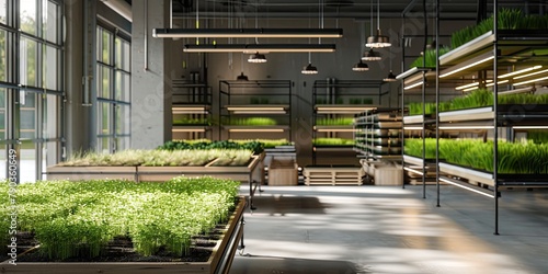 Germination of seedlings in a greenhouse. Healthy organic food concept. Small business in agriculture. Vertical racks. Local eco farming