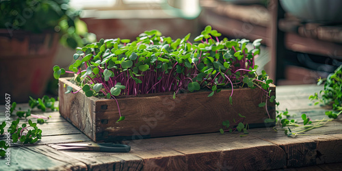 Radish microgreens growing in a wooden box. Growing fresh organic greens at home. Healthy food, health care. Rustic natural background