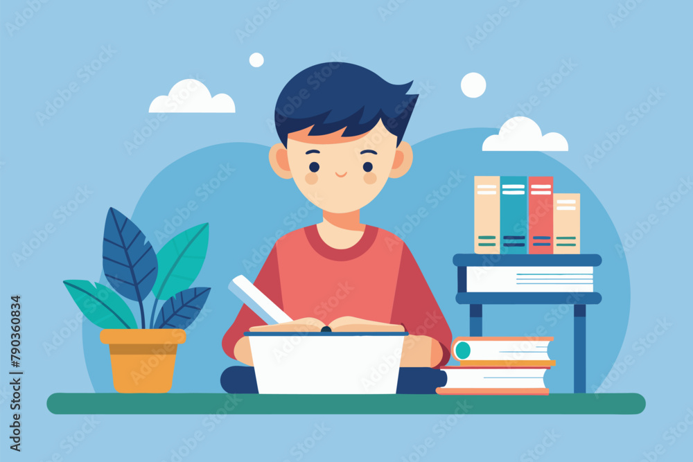 Young boy seated at a table, eating from a bowl of food, a boy is studying, Simple and minimalist flat Vector Illustration Young boy seated at a table, eating from a bowl of food, a boy is studying, Simple and minimalist flat Vector Illustration