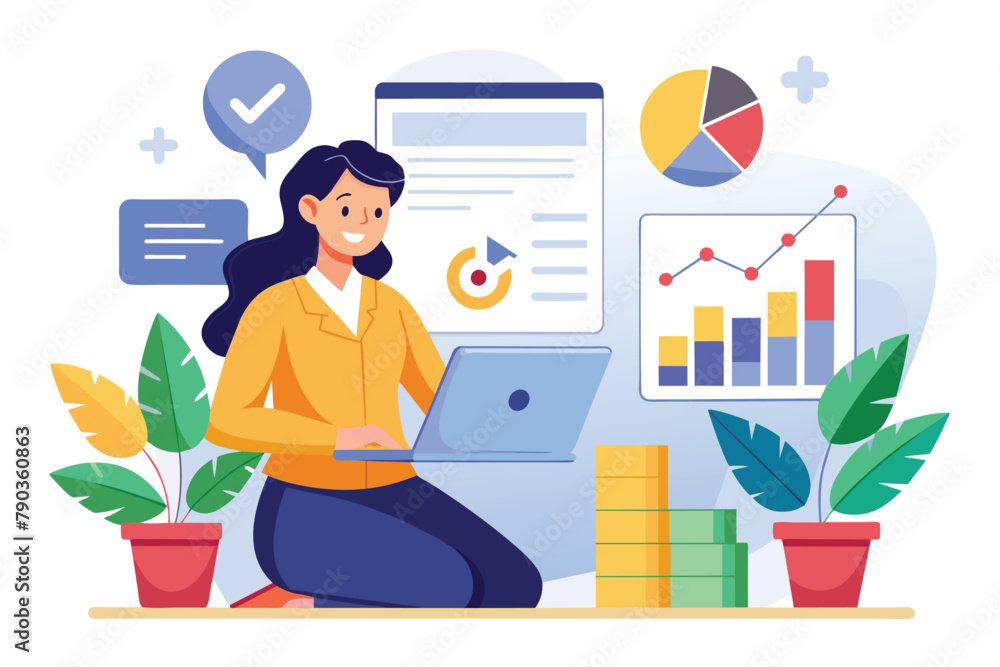 A business woman sitting at a desk, focused on analyzing data on her laptop, A business woman is analyzing the results of the annual financial report, Simple and minimalist flat Vector Illustration A business woman sitting at a desk, focused on analyzing data on her laptop, A business woman is analyzing the results of the annual financial report, Simple and minimalist flat Vector Illustration
