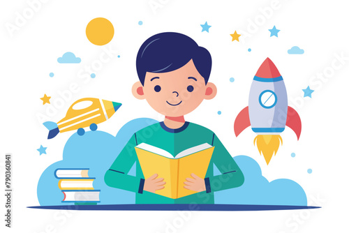 Young boy engaged in reading a book with a rocket model placed on top, A boy studying a book about rockets, Simple and minimalist flat Vector Illustration