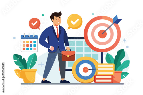 A man in a business attire holding a briefcase while standing in front of a target, A business man is working with a calendar and targets, Simple and minimalist flat Vector Illustration