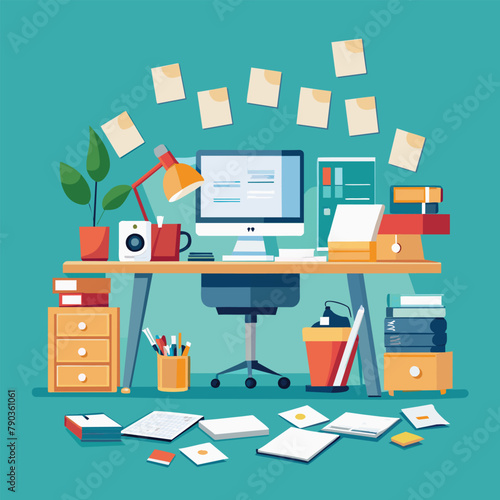 A desk cluttered with a desktop computer, books, and papers, A cluttered workspace with a desktop computer and scattered papers, Simple and minimalist flat Vector Illustration