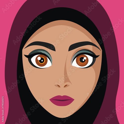 Close-up of an Arab woman with beautiful eyes wearing a hijab headscarf, A close-up of a Arab woman's beautiful eyes, Simple and minimalist flat Vector Illustration