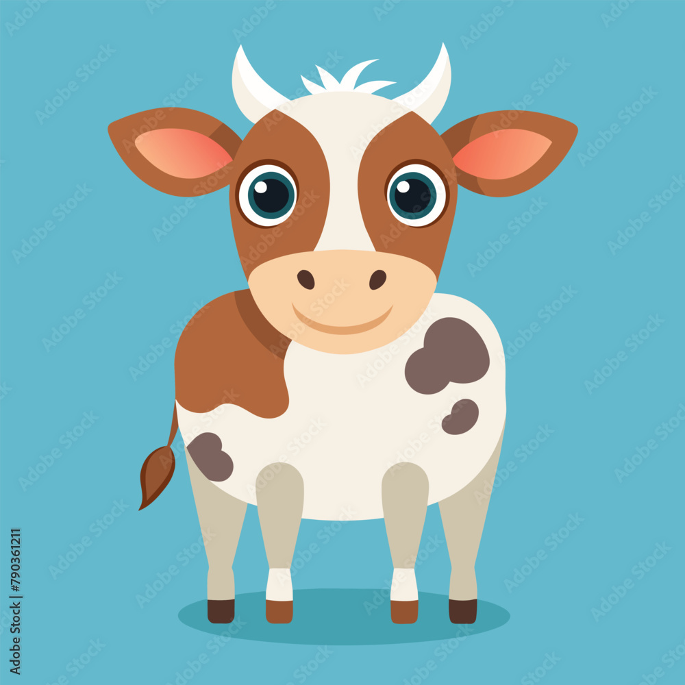 A brown and white dairy cow with soulful eyes standing on a blue background, A cute dairy cow with big, soulful eyes and a soft, fuzzy coat, Simple and minimalist flat Vector Illustration A brown and white dairy cow with soulful eyes standing on a blue background, A cute dairy cow with big, soulful eyes and a soft, fuzzy coat, Simple and minimalist flat Vector Illustration