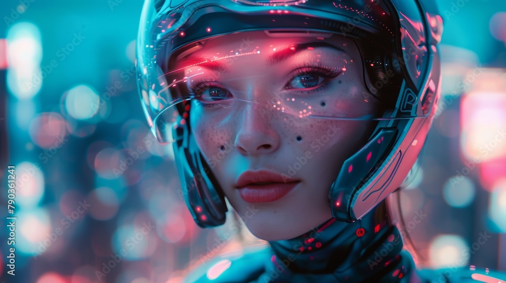 A woman wearing a helmet and goggles with glowing eyes, AI A woman wearing a helmet and goggles with glowing eyes, AI