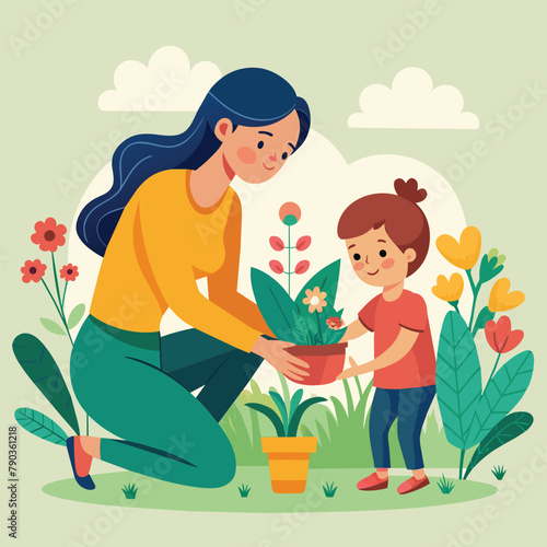 Mother and Child Planting a Flower  A cute design of a mother and child planting flowers together in the garden  Simple and minimalist flat Vector Illustration