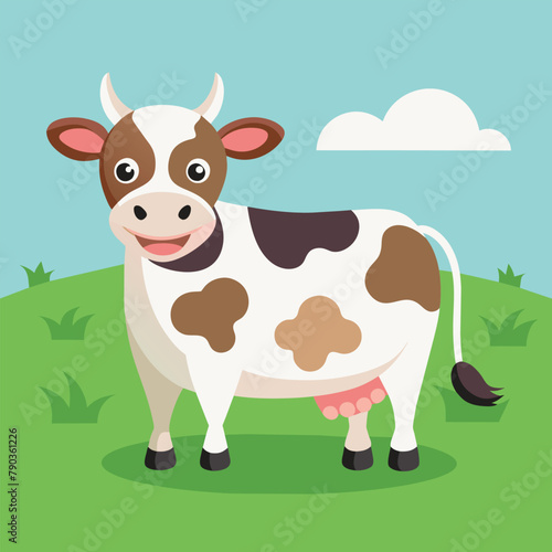 Brown and White Cow Standing on Green Field, A dairy cow with a sweet smile, standing peacefully in a lush green pasture, Simple and minimalist flat Vector Illustration