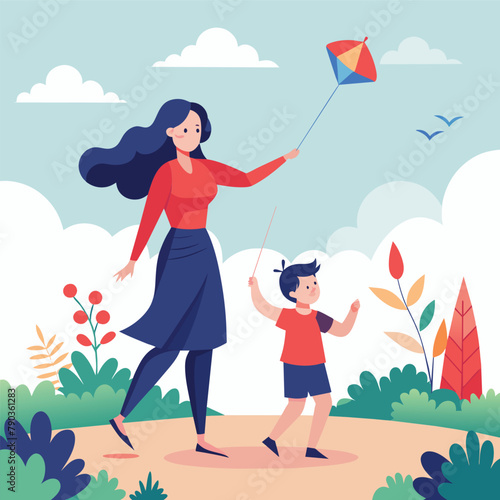 A woman happily flies a kite with a little boy in a sunny park, A delightful illustration of a mother and child playing with a kite in the park, Simple and minimalist flat Vector Illustration