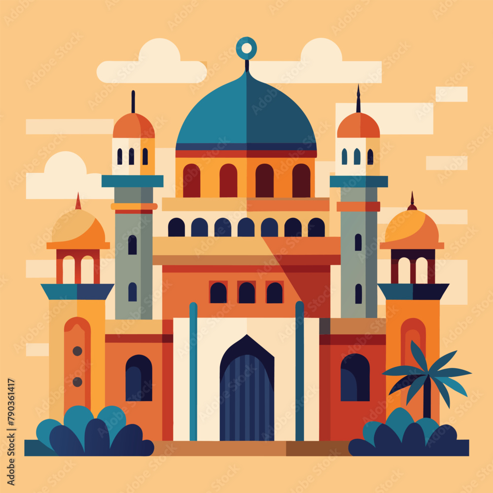 Grand Building With Two Towers and Dome, A geometric design with Arab architectural elements, Simple and minimalist flat Vector Illustration