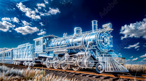 Drawing of train on train track with blue sky in the background.