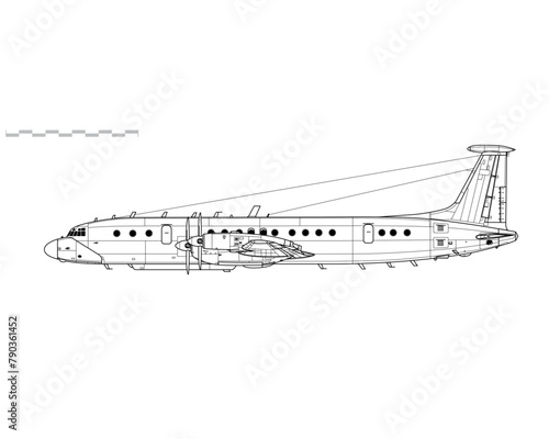 Ilyushin Il-22M-11 Zebra. Coot. Airborne command post. Side view. Image for illustration and infographics.