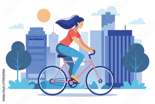 A woman in a t-shirt and tight pants riding a bike in the city streets, A girl dressed in a t-shirt and tight pants riding a bicycle through the city, Simple and minimalist flat Vector Illustration
