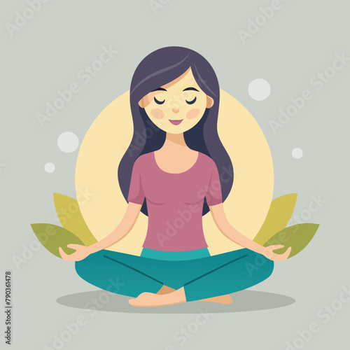 Woman sitting in lotus position with closed eyes, A girl in a simple lotus position, with a calm and focused expression on her face, Simple and minimalist flat Vector Illustration