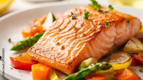 Pan-seared salmon steak: A perfectly seared salmon steak rests on a bed of vegetables, its crispy skin inviting a hearty