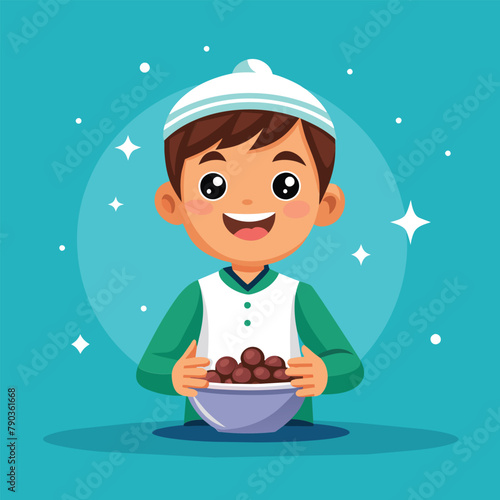 A cheerful child holding a bowl of dates, enjoying iftar meal, A happy child enjoying a bowl of dates during Iftar, Simple and minimalist flat Vector Illustration