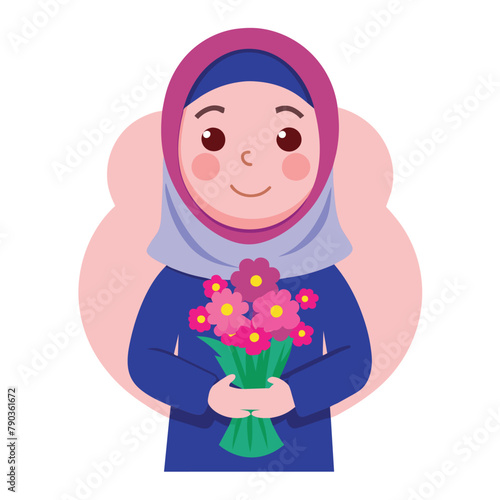 An upbeat Muslim woman wearing a hijab holding a bunch of flowers, A happy Muslim girl holding a bouquet of flowers, Simple and minimalist flat Vector Illustration