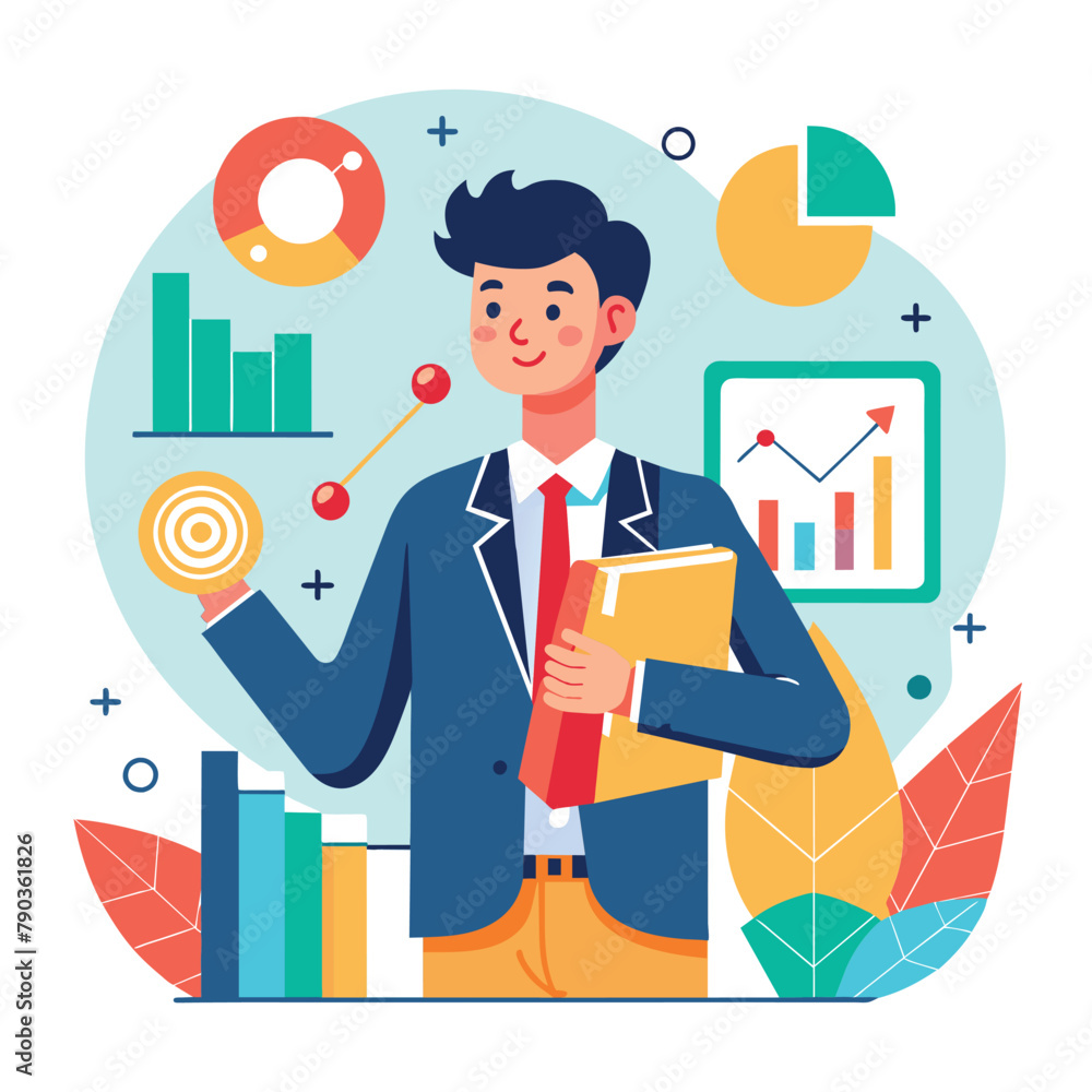 A man wearing a suit is holding a folder, a leader with success and chart analysis, Simple and minimalist flat Vector Illustration A man wearing a suit is holding a folder, a leader with success and chart analysis, Simple and minimalist flat Vector Illustration