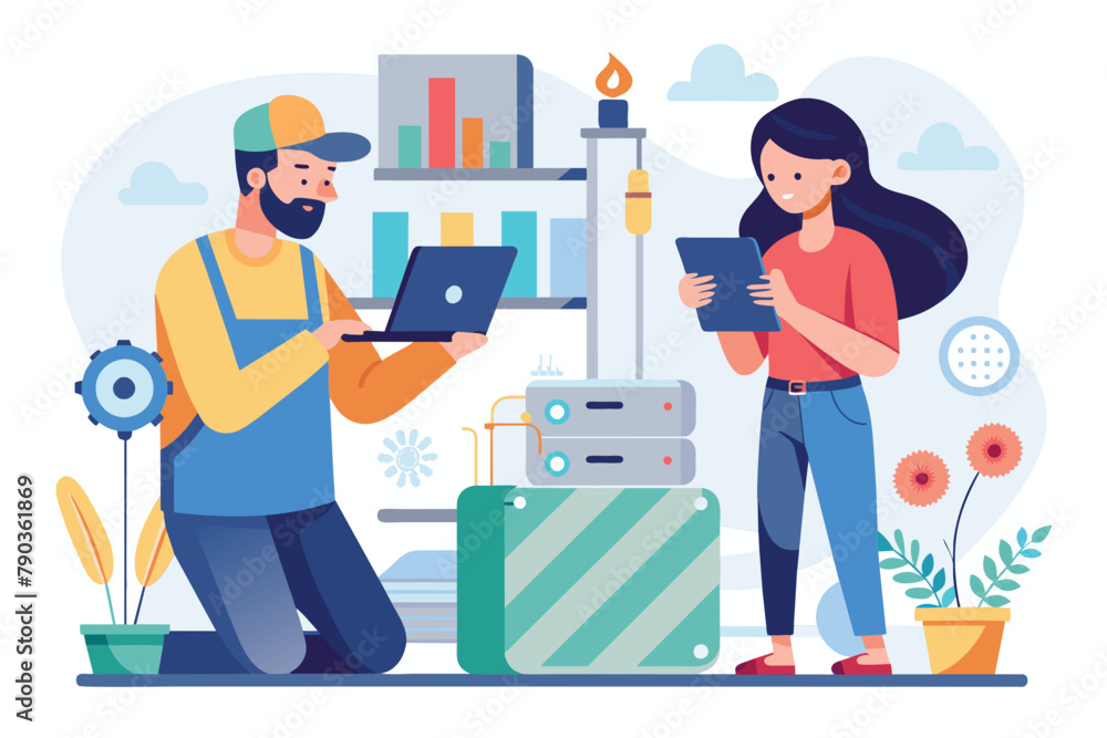 Man and Woman Standing Next to Each Other in Front of a Laptop, A man and woman are checking a device for repairs, Simple and minimalist flat Vector Illustration Man and Woman Standing Next to Each Other in Front of a Laptop, A man and woman are checking a device for repairs, Simple and minimalist flat Vector Illustration