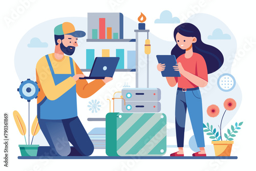 Man and Woman Standing Next to Each Other in Front of a Laptop, A man and woman are checking a device for repairs, Simple and minimalist flat Vector Illustration © Iftikhar alam
