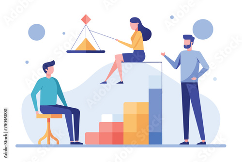 Three individuals, two standing and one sitting, on a bar graph with a scale on top, a man and woman standing on a chart with a man sitting on a chair, Simple and minimalist flat Vector Illustration