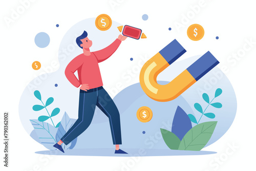 A man holds up a magnet, attracting money towards him in a simple setting, A man holding a big magnet and attracting money, Investment attraction, Simple and minimalist flat Vector Illustration