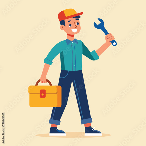 A man standing, holding a wrench and a briefcase in his hands, A man holds a wrench in his hand and a tool box, Simple and minimalist flat Vector Illustration