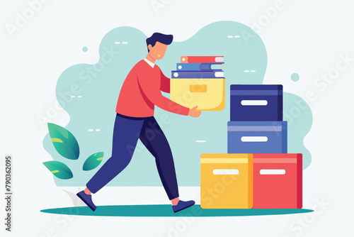 A man struggling to hold a heavy stack of files, a man is backing up files, Simple and minimalist flat Vector Illustration